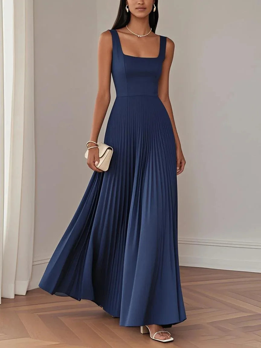 Pleated Square Neck Maxi Wedding Guest Dress for Women