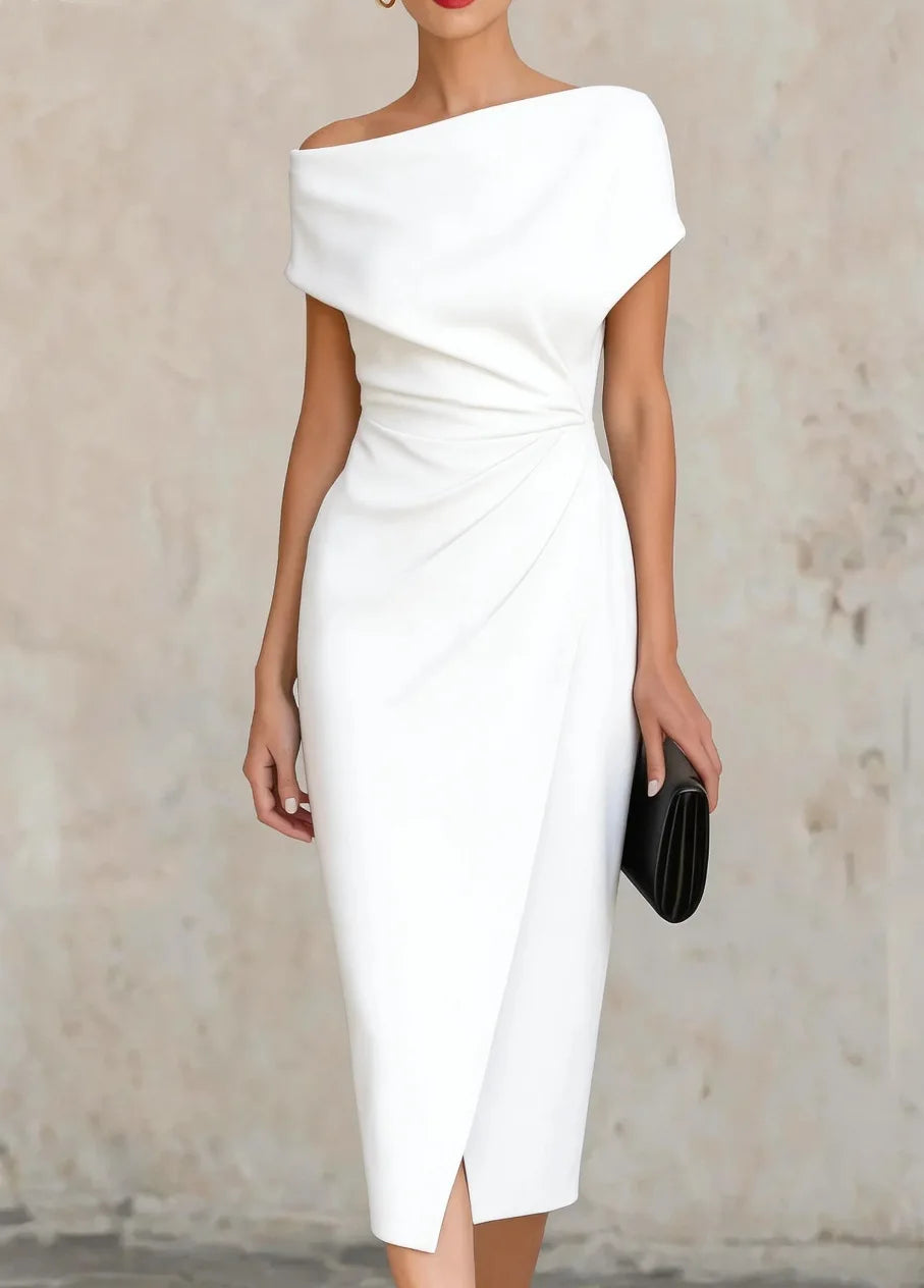 Off-Shoulder Pleated Slit Midi Dress Wedding Guest for Women