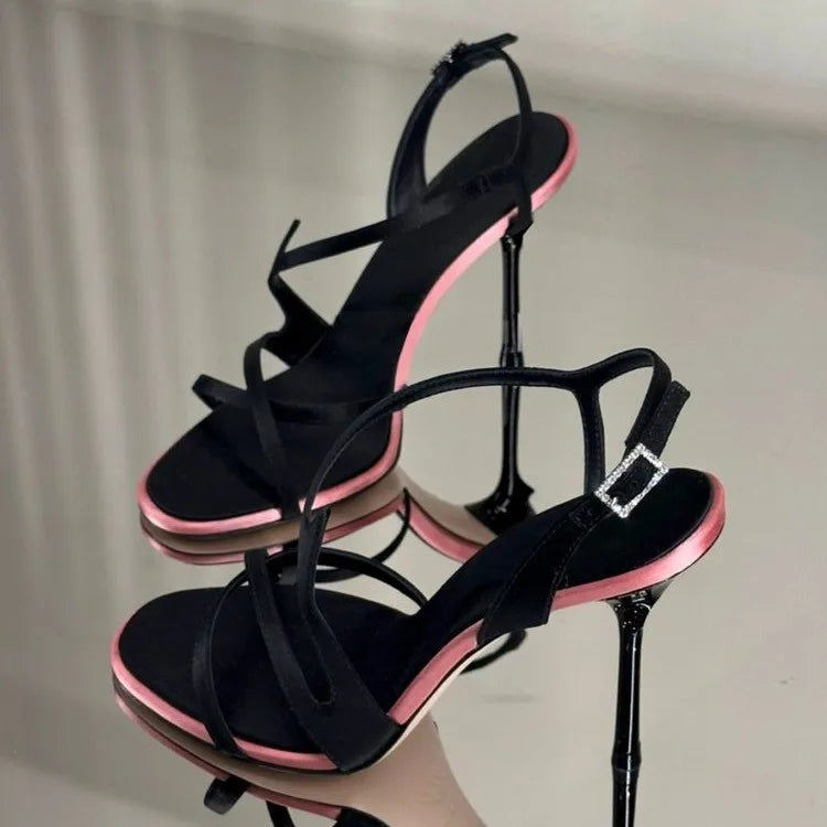 Satin Platform Stiletto Sandals with Ankle Strap for Women