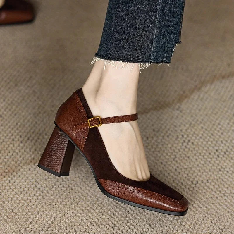 Square Toe Block Heels with Ankle Strap for Women - Brown