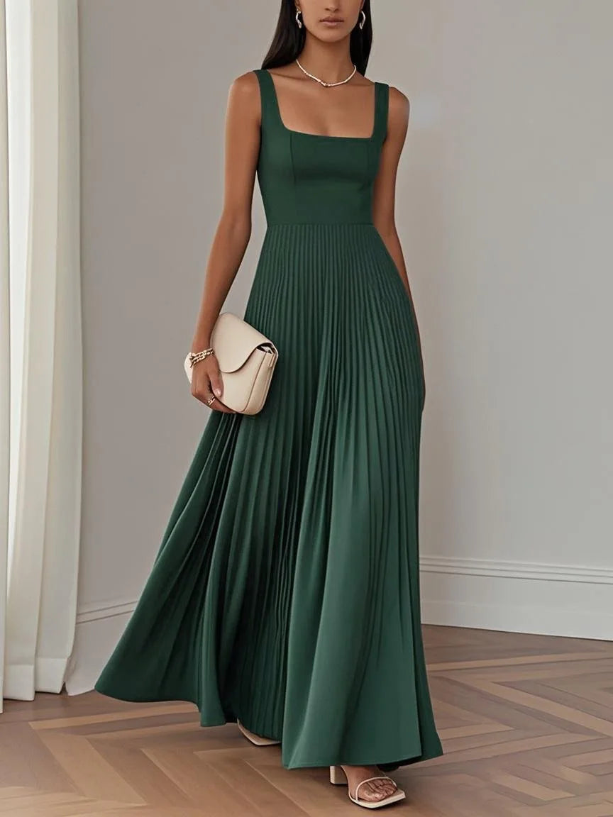 Pleated Square Neck Maxi Wedding Guest Dress for Women