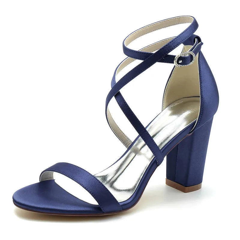 Open Toe Satin Block Heel Sandals for Women