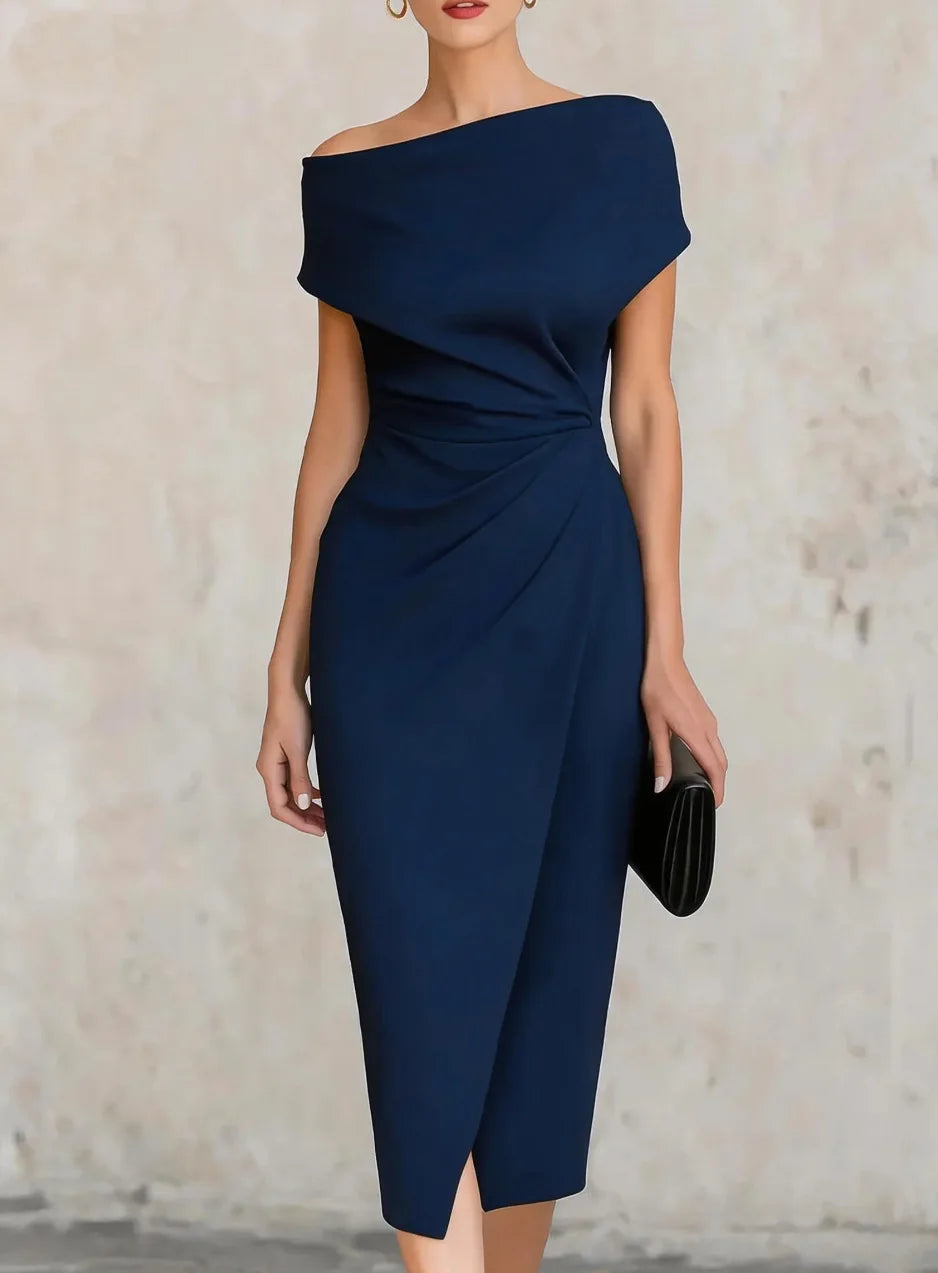 Off-Shoulder Pleated Slit Midi Dress Wedding Guest for Women