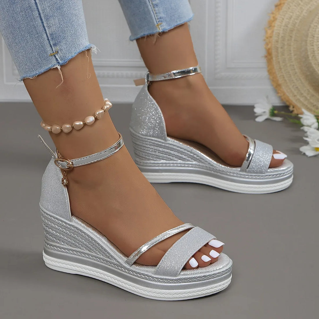 Glitter Espadrille Wedge Sandals For Women