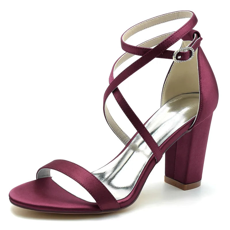 Open Toe Satin Block Heel Sandals for Women