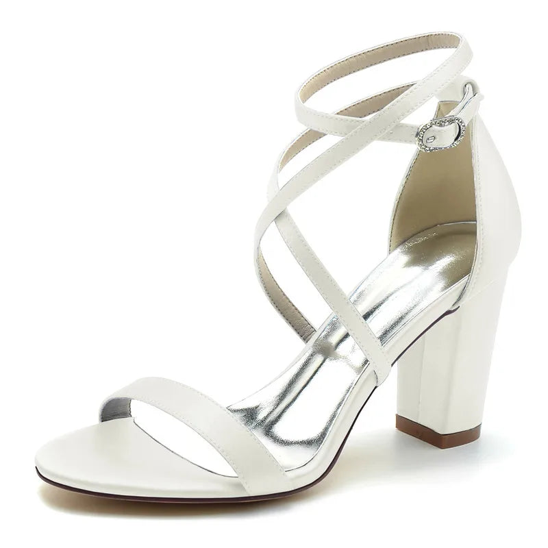 Open Toe Satin Block Heel Sandals for Women