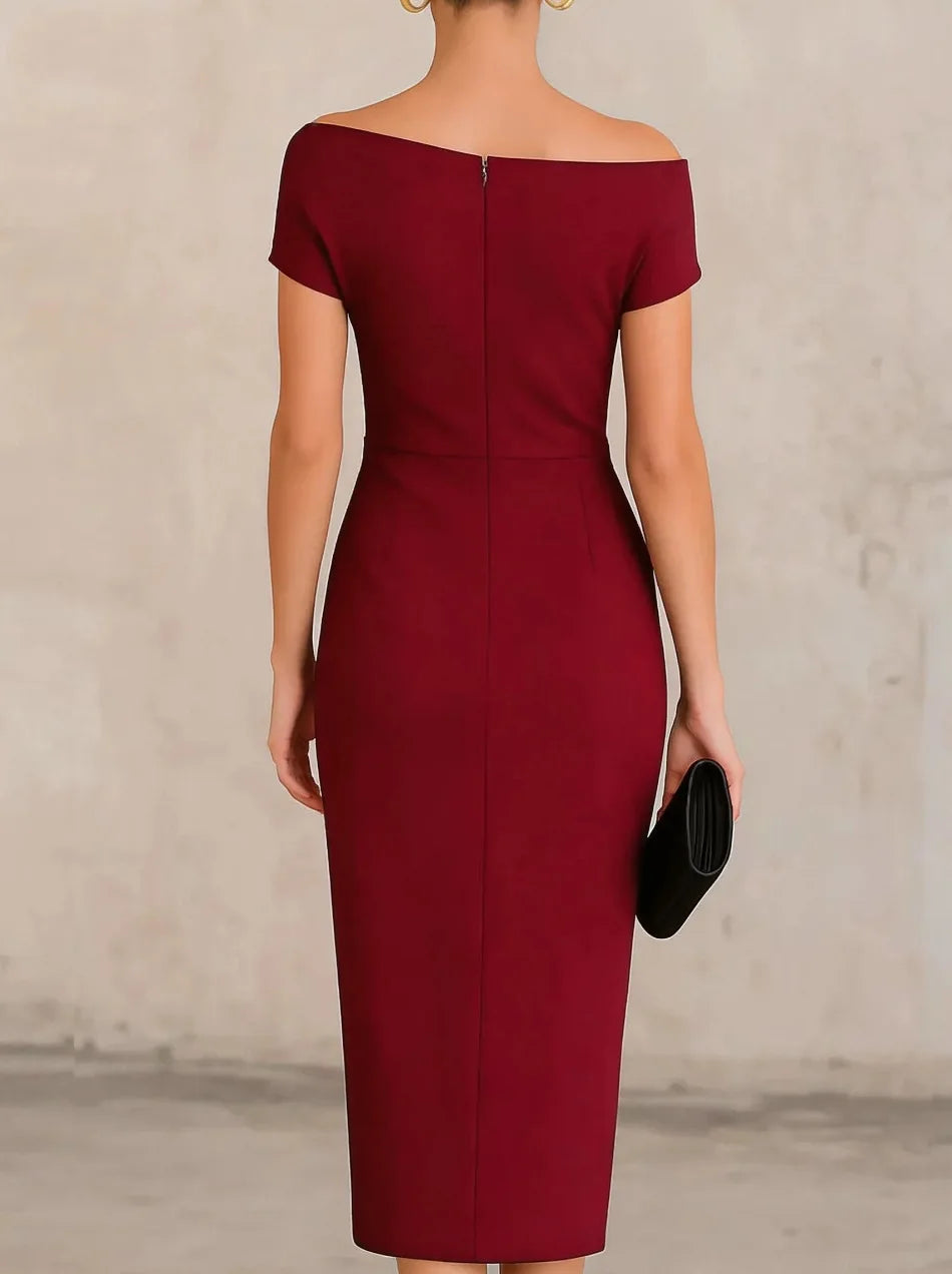 Off-Shoulder Pleated Slit Midi Dress Wedding Guest for Women