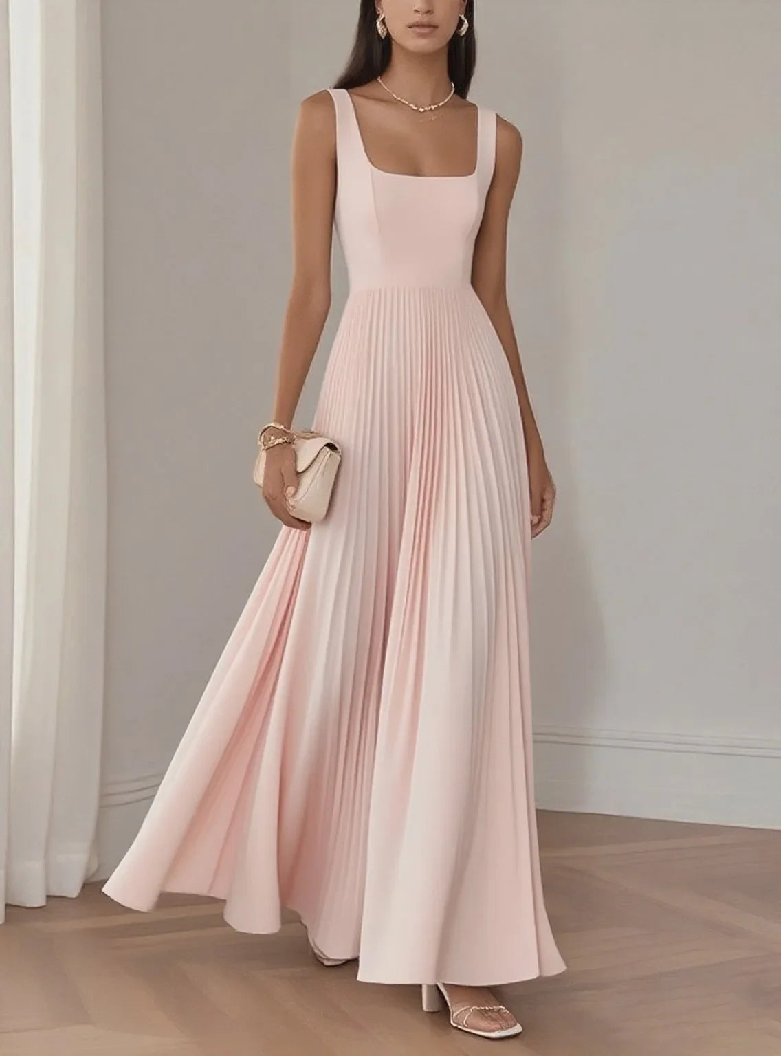 Pleated Square Neck Maxi Wedding Guest Dress for Women