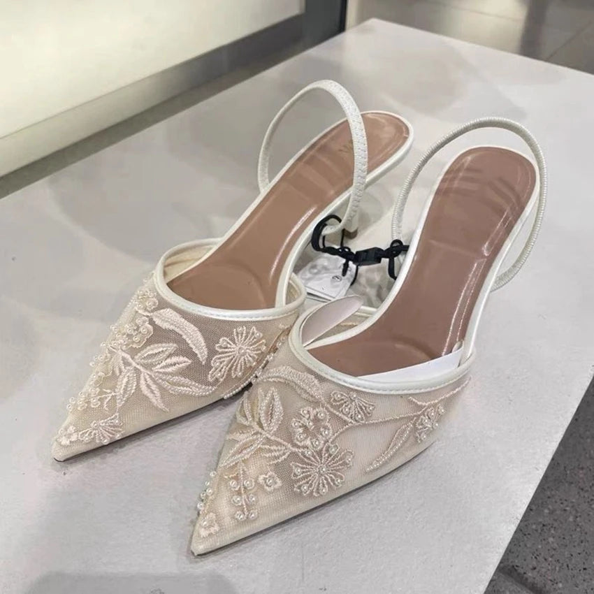 Pointed Toe Kitten Heels Embroidered Mesh Slingback for Women