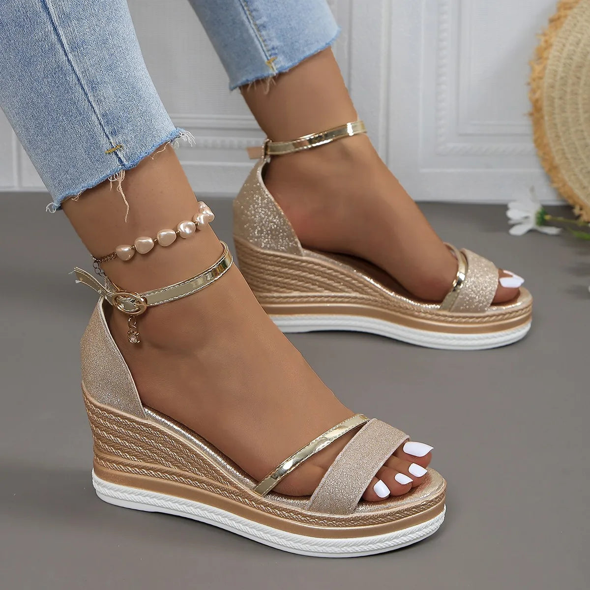 Glitter Espadrille Wedge Sandals For Women