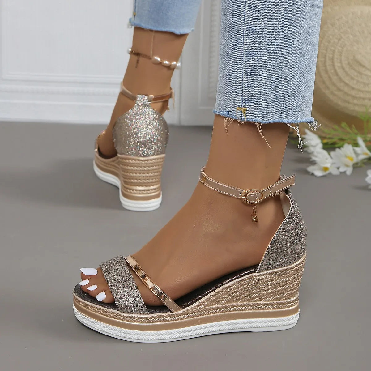 Glitter Espadrille Wedge Sandals For Women