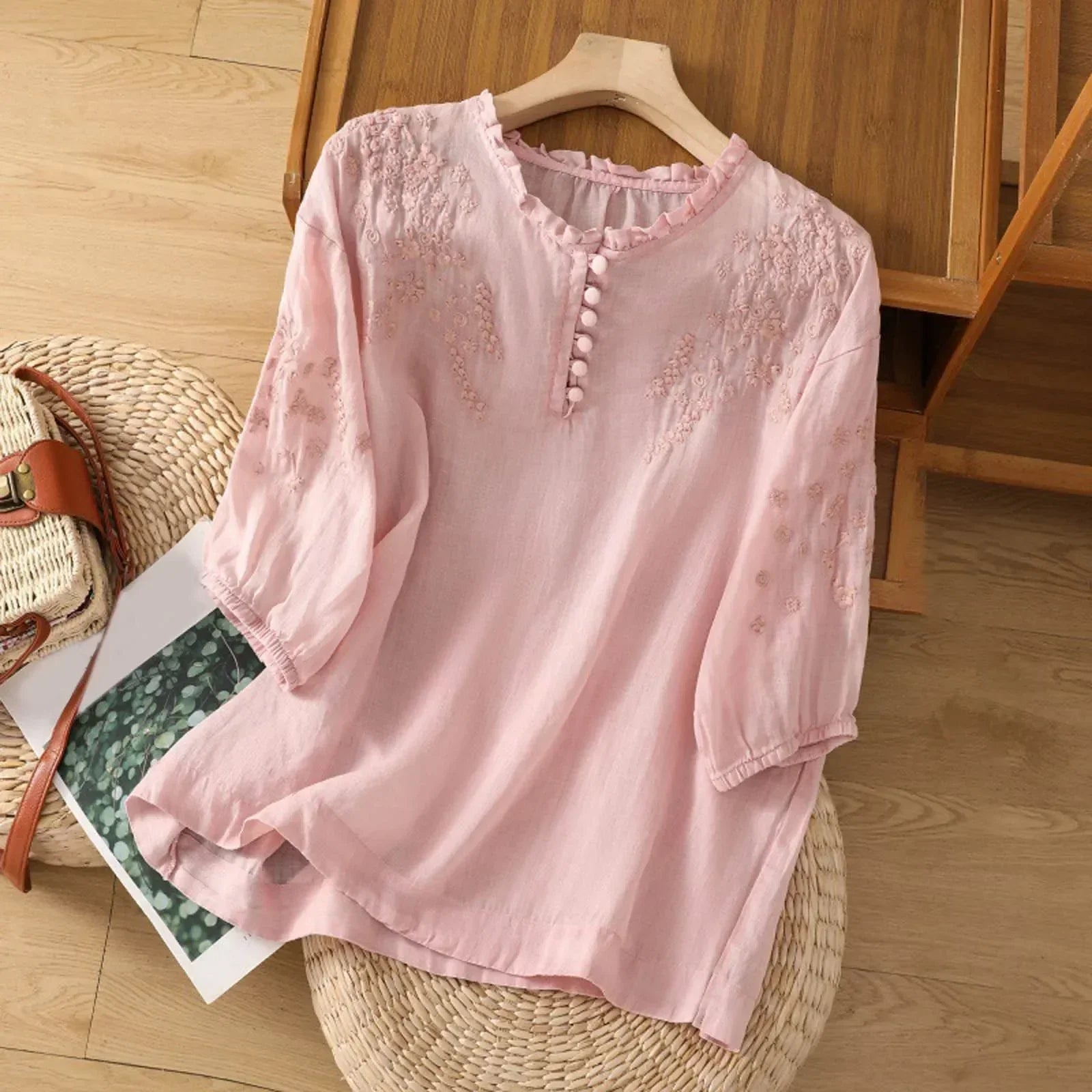 Floral Embroidered Button-Front Blouse for Women