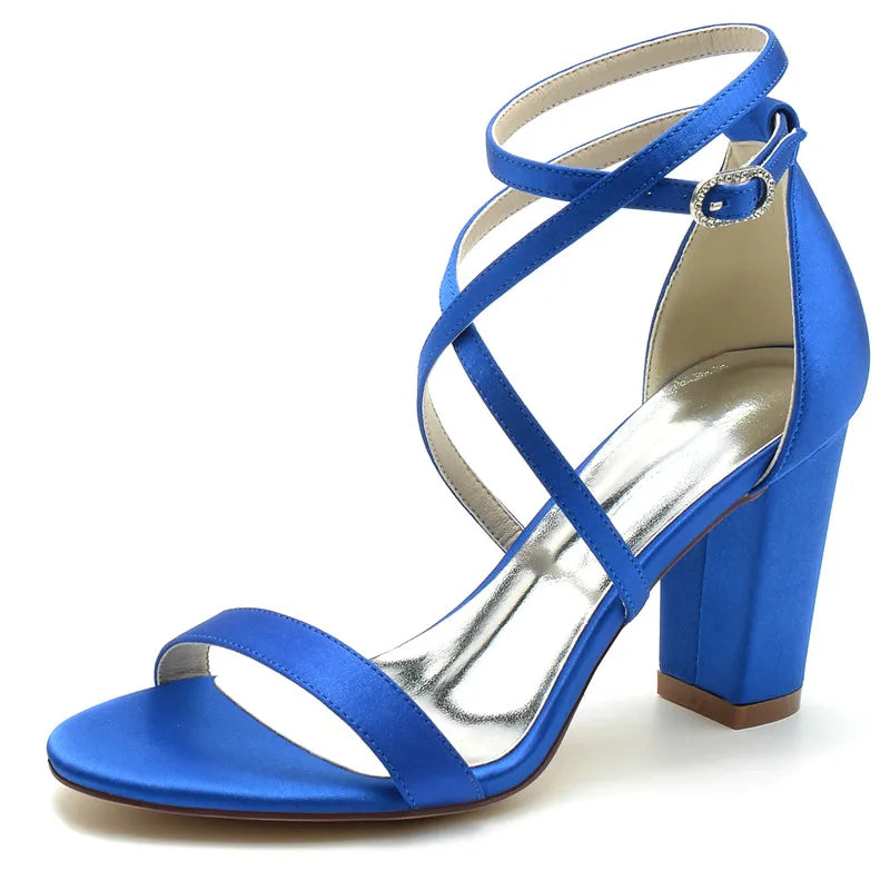 Open Toe Satin Block Heel Sandals for Women