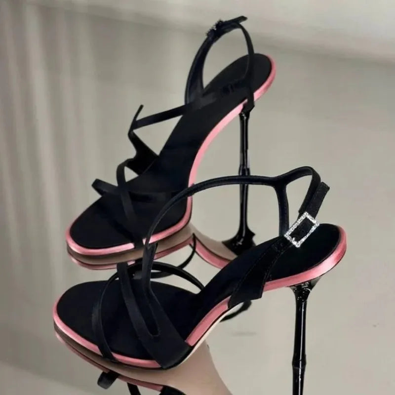 Satin Platform Stiletto Sandals with Ankle Strap for Women