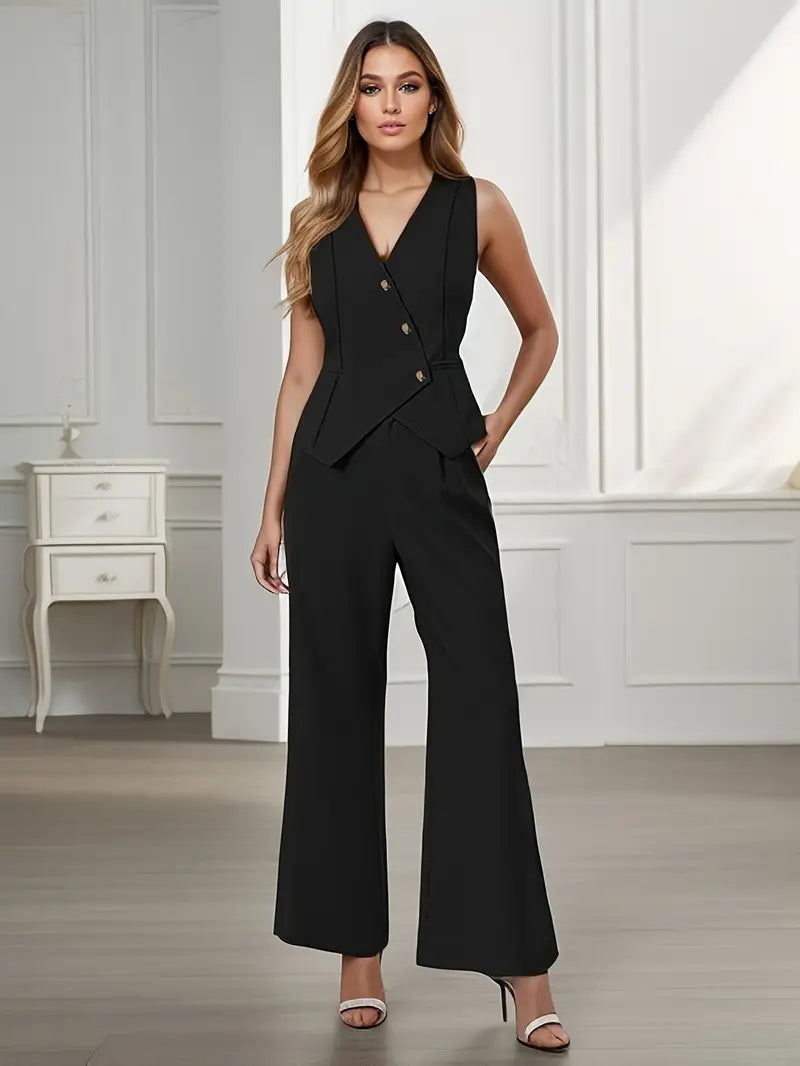 Sleeveless Button-Up Wide Leg Suit Set for Women - View 3