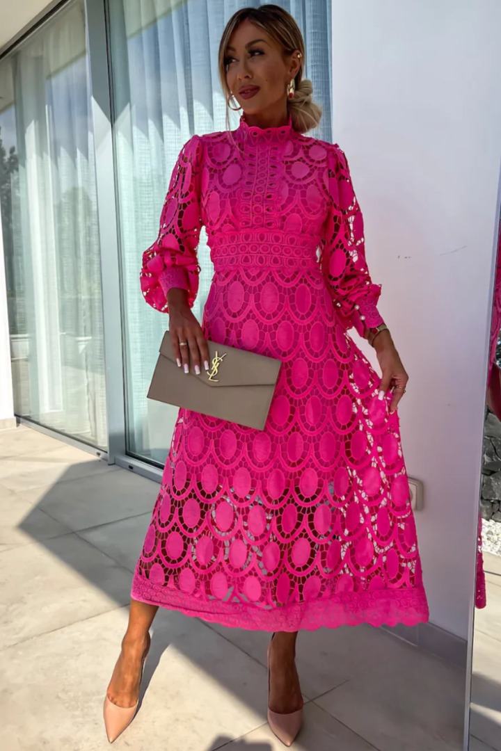 Midi Lace Wedding Guest Dress with Stand Collar for Women