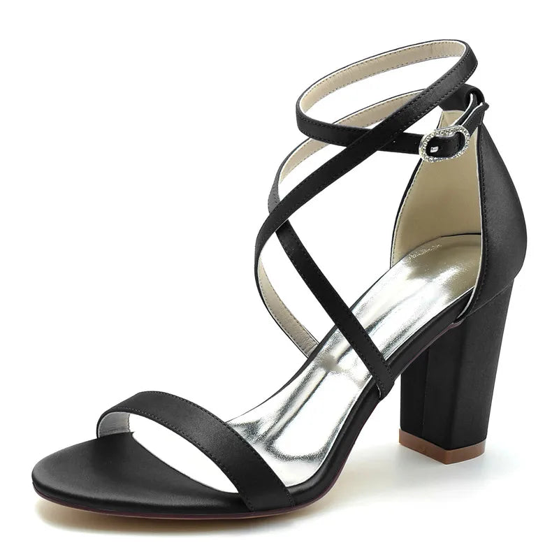 Open Toe Satin Block Heel Sandals for Women
