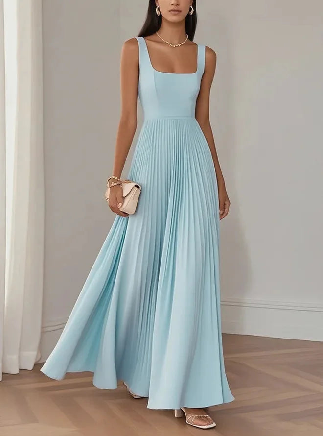 Pleated Square Neck Maxi Wedding Guest Dress for Women