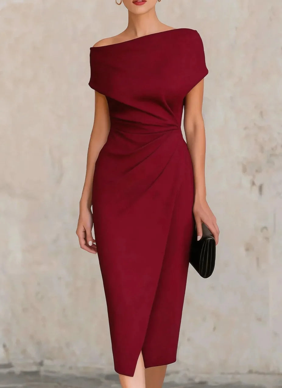 Off-Shoulder Pleated Slit Midi Dress Wedding Guest for Women