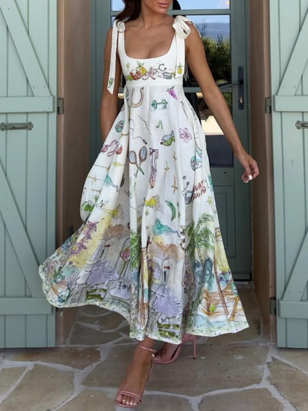 Painted Floral Tie Midi Dress Wedding Guest for Women