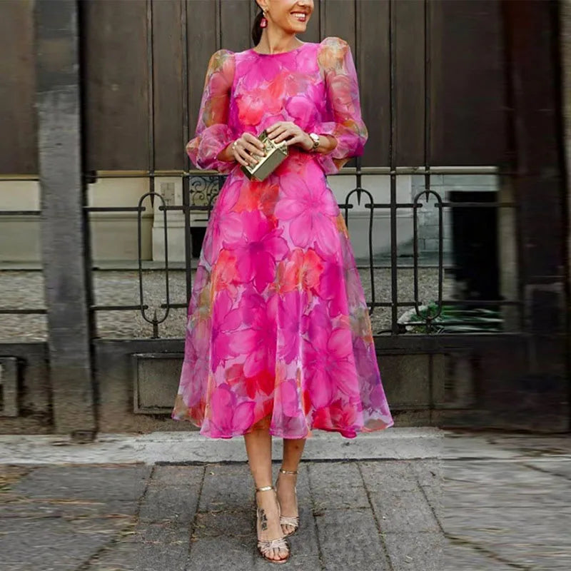 Wedding Guest Floral Puff Sleeve Midi Dress for Women