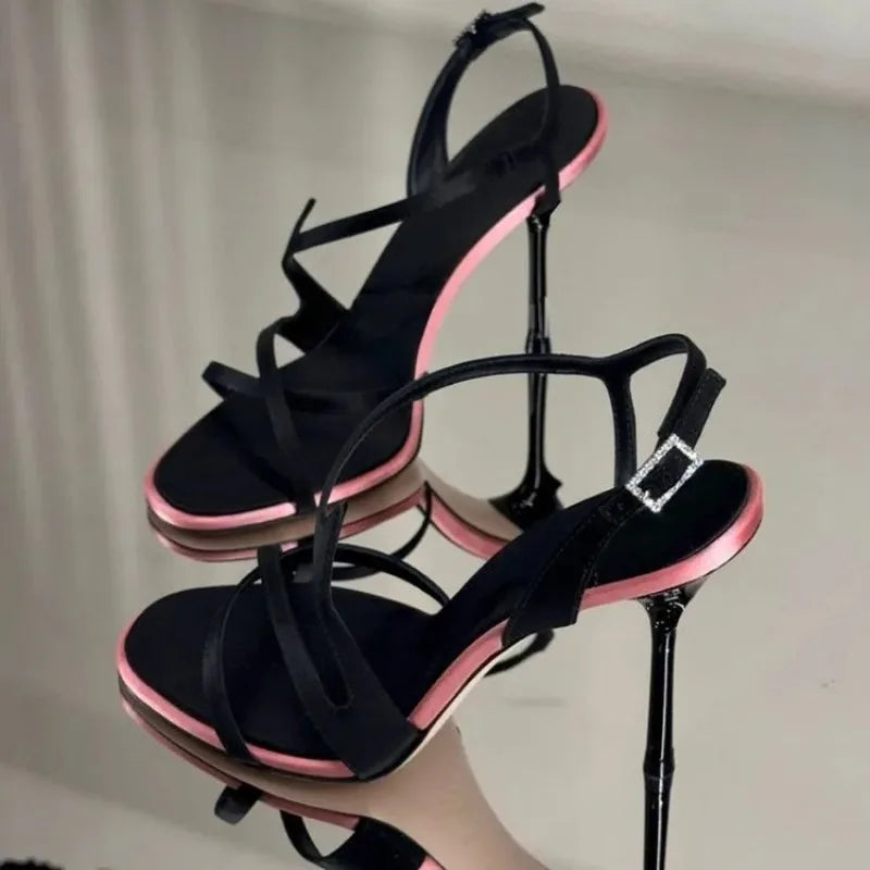 Satin Platform Stiletto Sandals with Ankle Strap for Women
