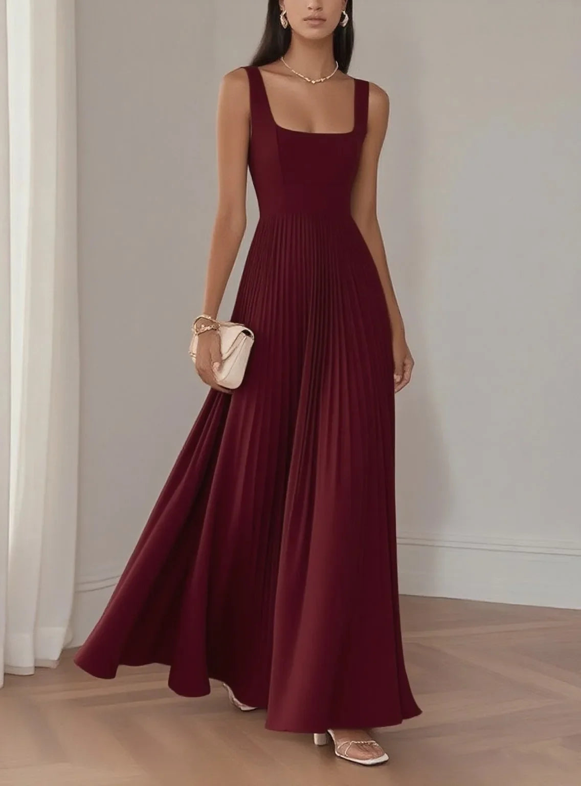 Pleated Square Neck Maxi Wedding Guest Dress for Women