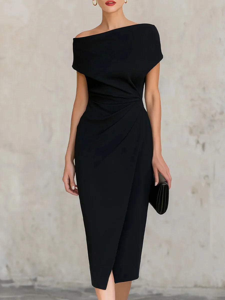 Off-Shoulder Pleated Slit Midi Dress Wedding Guest for Women