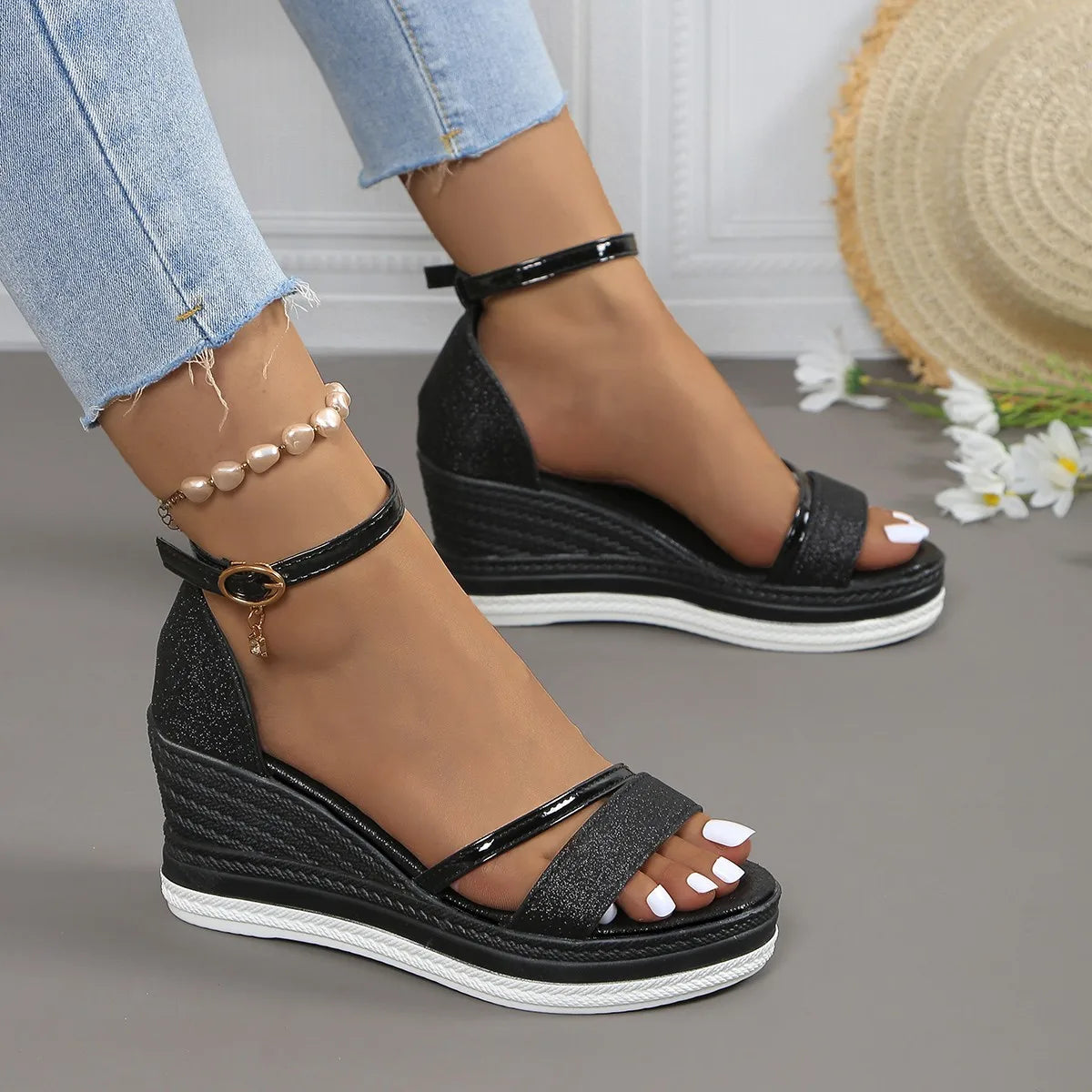Glitter Espadrille Wedge Sandals For Women