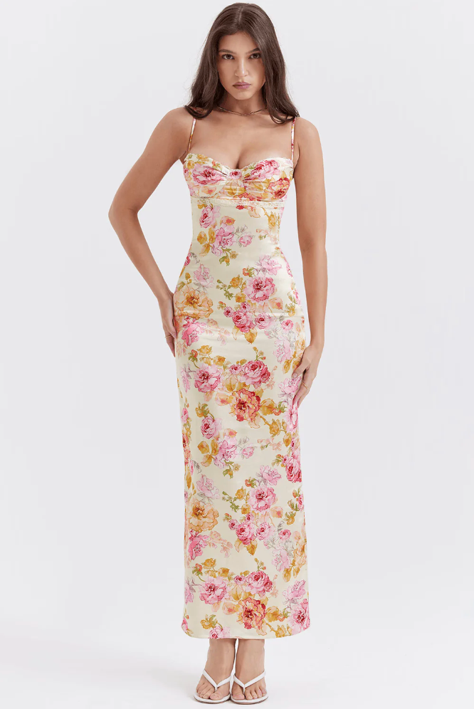 Sweetheart Spaghetti Strap Floral Wedding Guest Maxi Dress for Women
