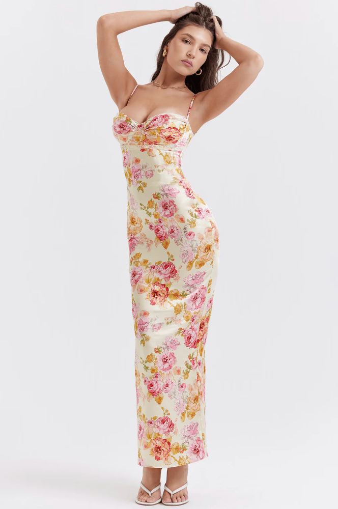Sweetheart Spaghetti Strap Floral Wedding Guest Maxi Dress for Women