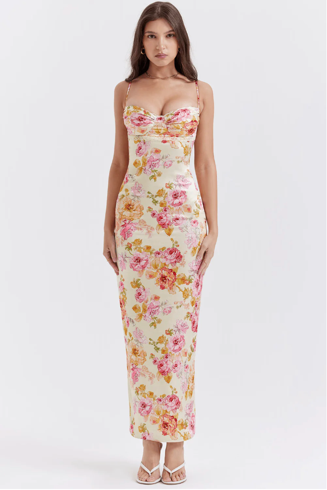 Sweetheart Spaghetti Strap Floral Wedding Guest Maxi Dress for Women