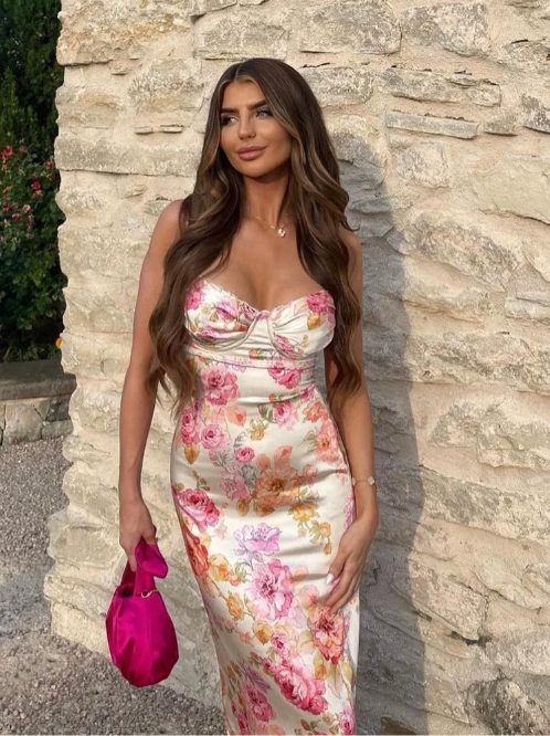 Sweetheart Spaghetti Strap Floral Wedding Guest Maxi Dress for Women