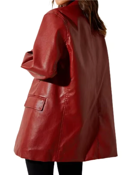 Faux Leather Longline Blazer with Pockets for Women