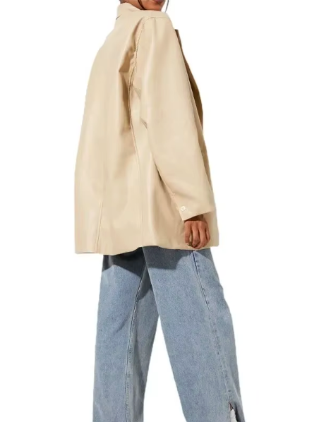 Faux Leather Longline Blazer with Pockets for Women