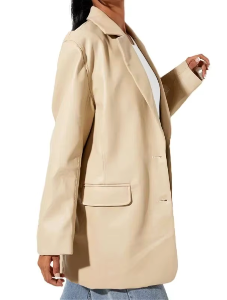 Faux Leather Longline Blazer with Pockets for Women