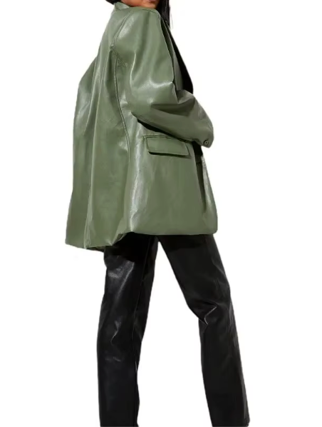 Faux Leather Longline Blazer with Pockets for Women