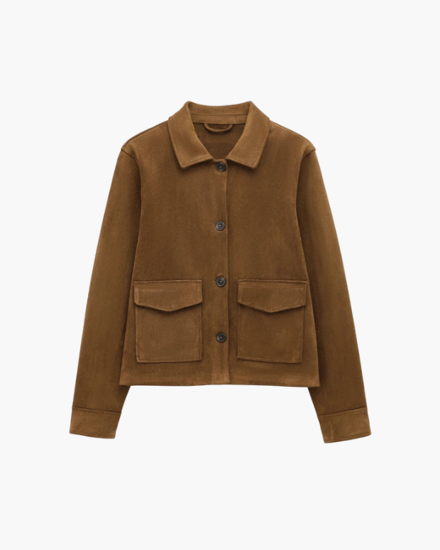 Faux Suede Collared Jacket with Front Pockets for Women