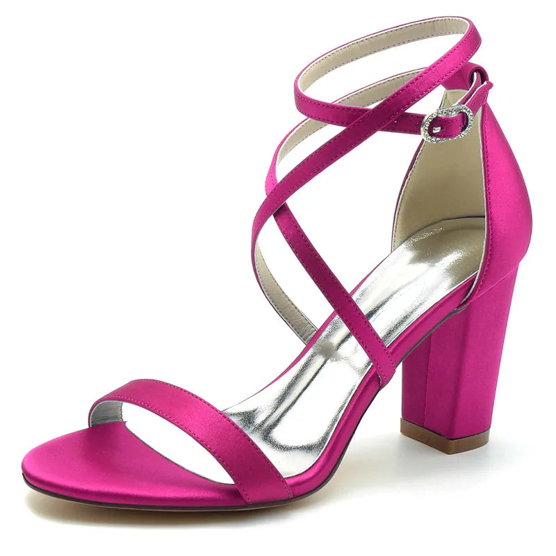 Open Toe Satin Block Heel Sandals for Women