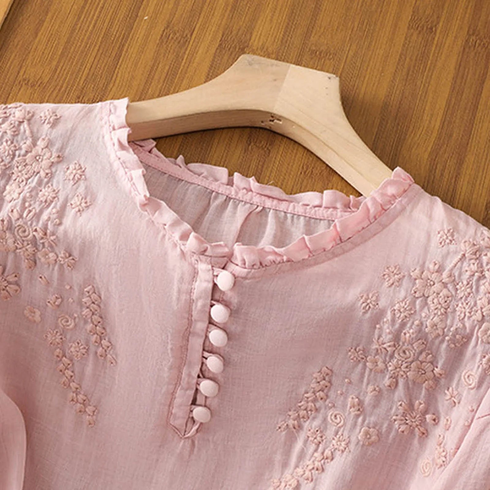 Floral Embroidered Button-Front Blouse for Women