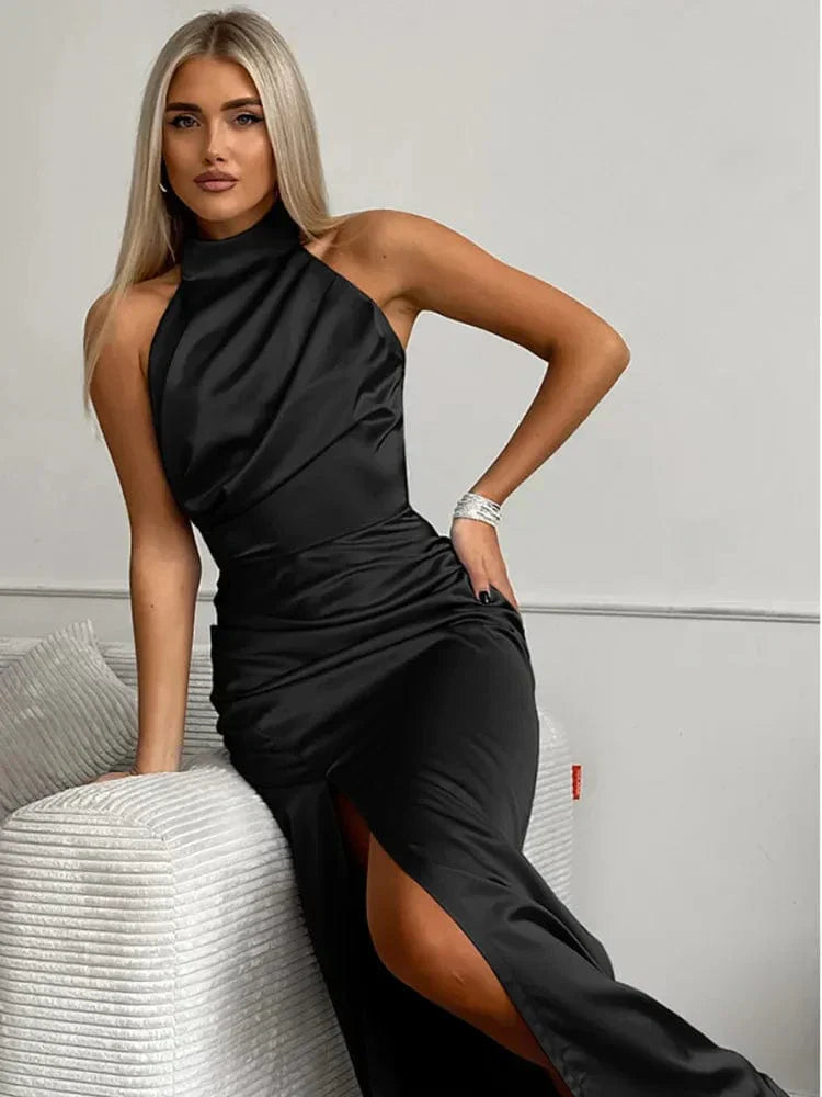 Halterneck Satin Maxi Dress with Split for Wedding Guest Women