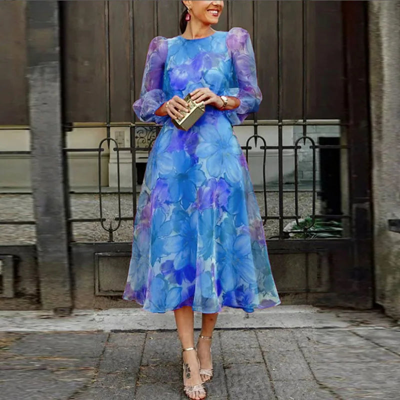 Wedding Guest Floral Puff Sleeve Midi Dress for Women