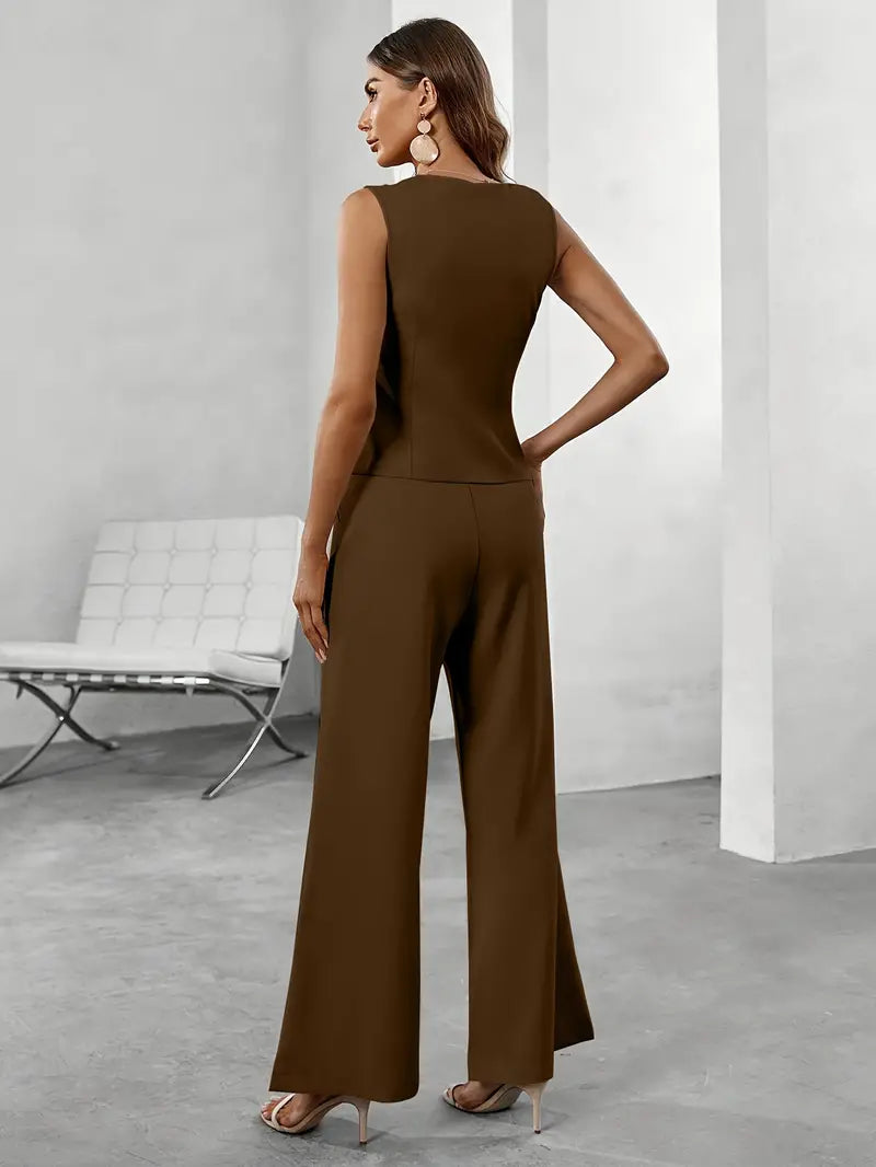 Sleeveless Button-Up Wide Leg Suit Set for Women - View 6