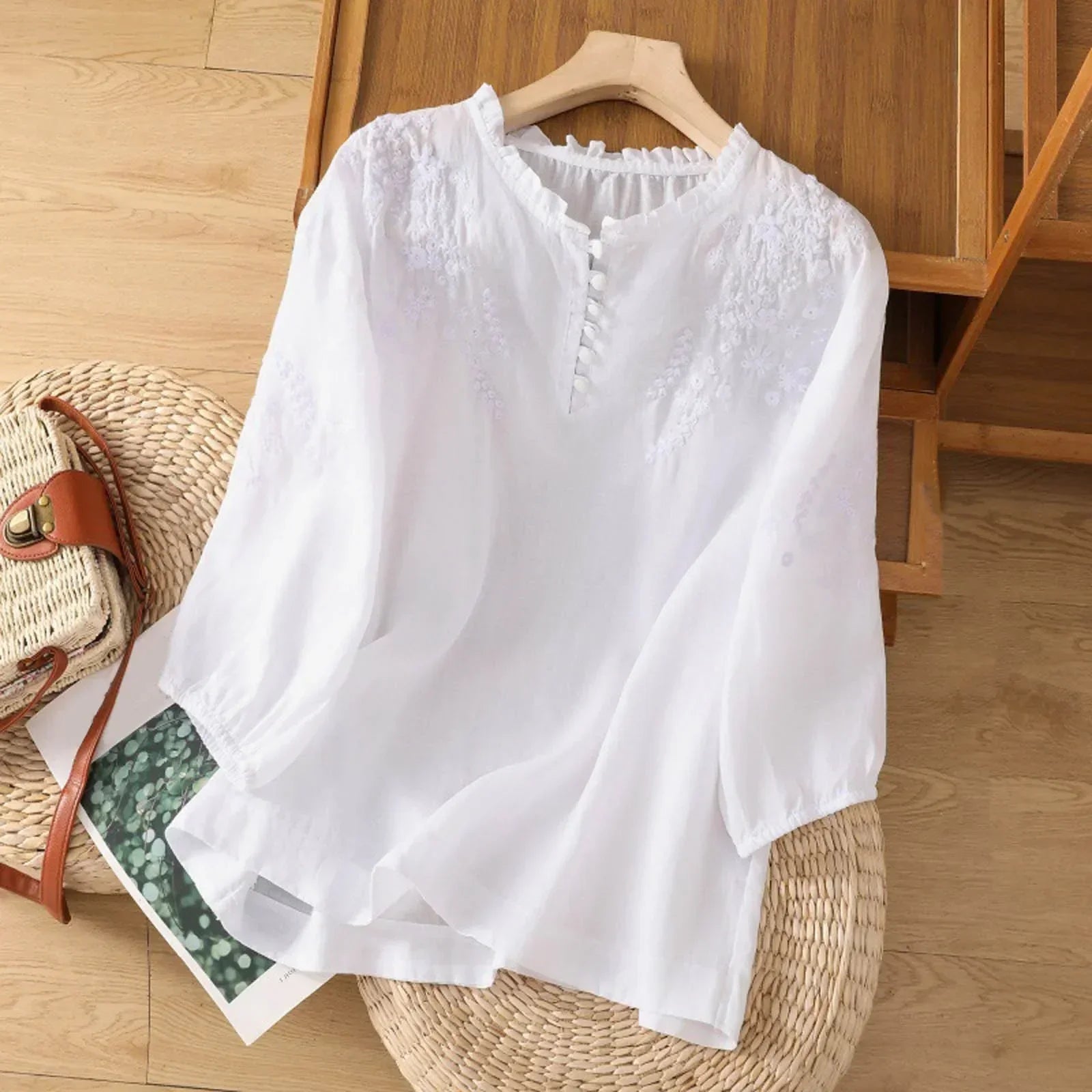 Floral Embroidered Button-Front Blouse for Women
