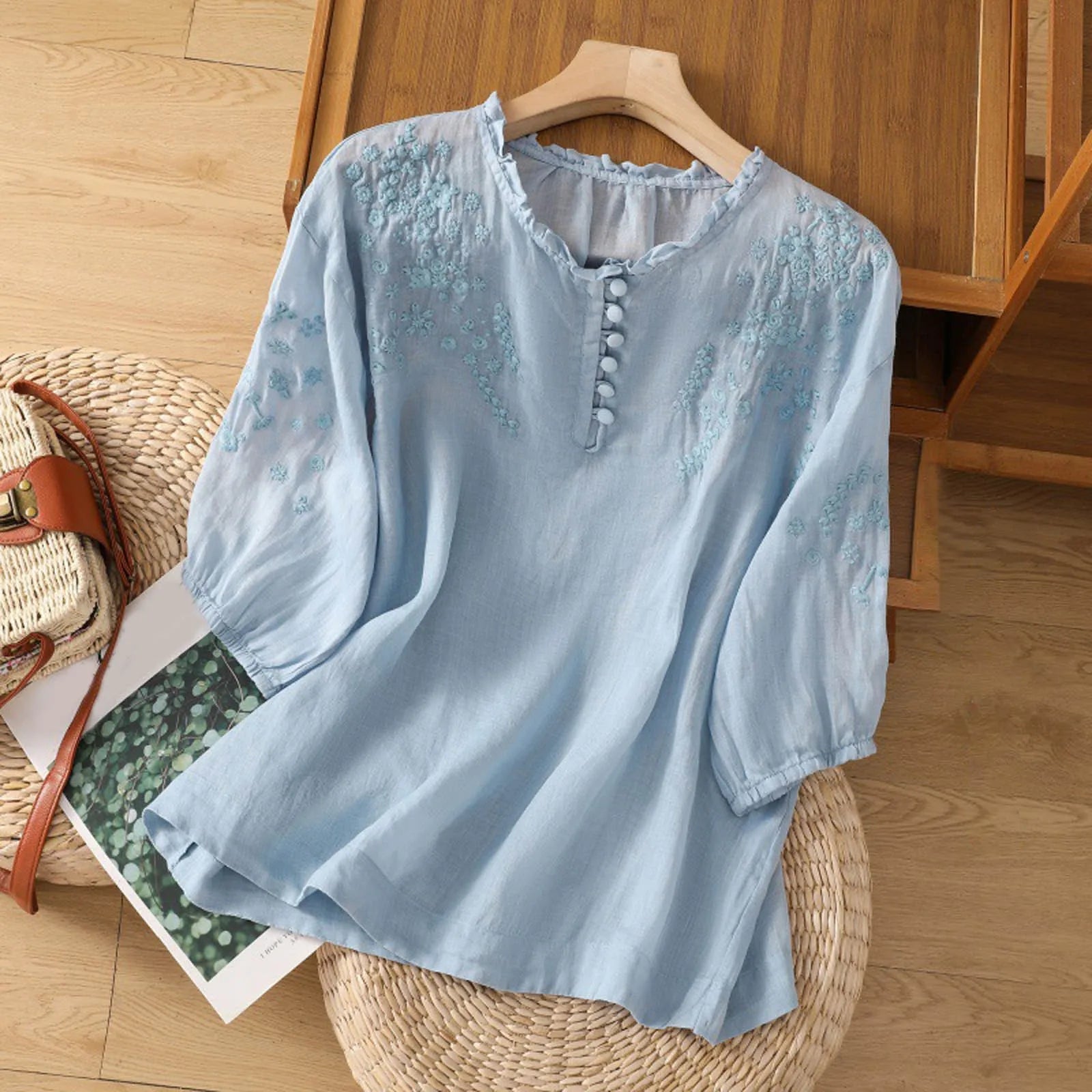 Floral Embroidered Button-Front Blouse for Women