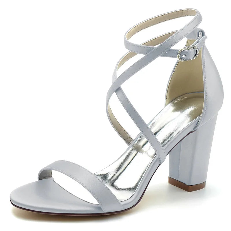 Open Toe Satin Block Heel Sandals for Women