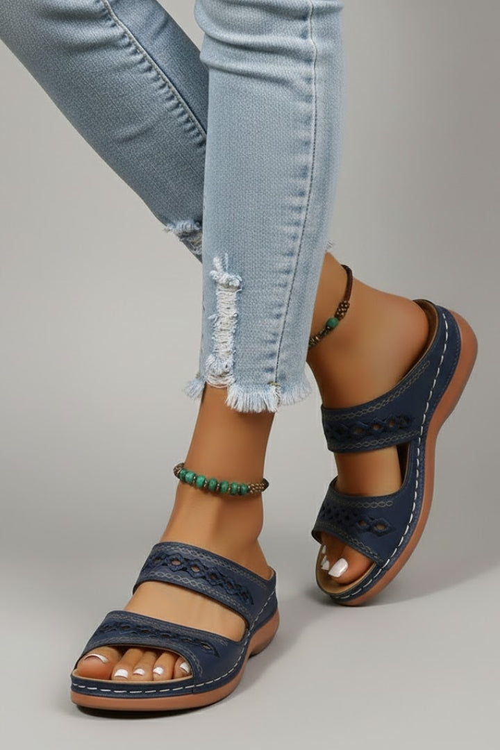 Slide Sandals with Dual Straps and Decorative Cutouts for Women