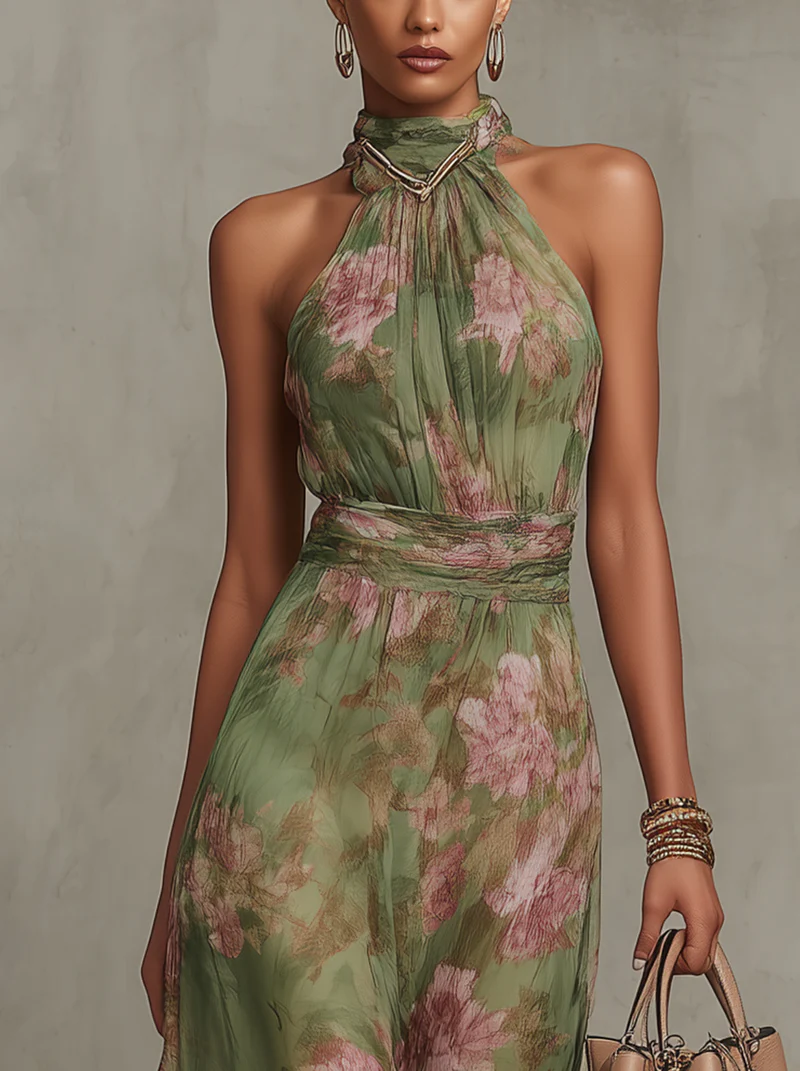 Halter Neck Maxi Floral Dress for Women