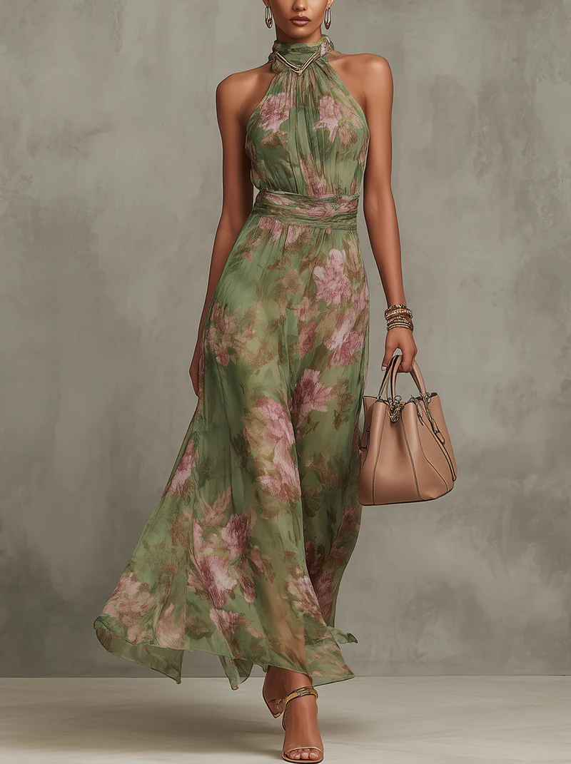 Halter Neck Maxi Floral Dress for Women