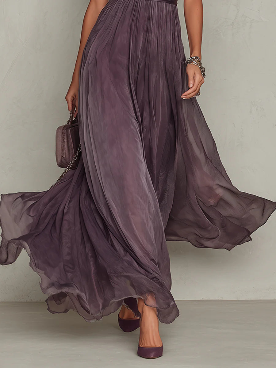Maxi Chiffon Dress with Short Sleeves for Women